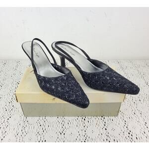 First Sight Strappy Slingback Evening Black Beaded Sequins Heals Women's Size 8